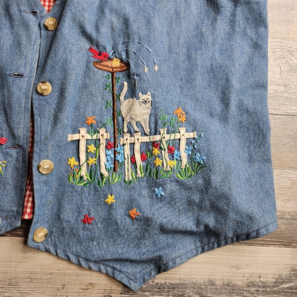 Casey & Max Vintage Women's Vest Size Large Cats In Garden Bird Bath Embroidery - Picture 4 of 14